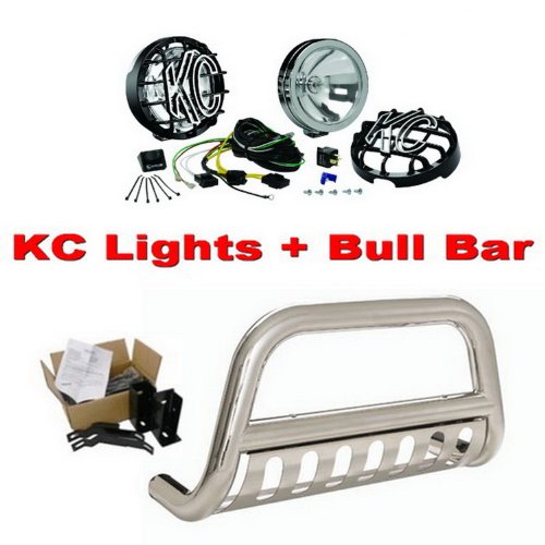 Premium 3'' Stainless Steel Bull Bar Bumper Brush Guard with Skid Plate #H71447 + KC SlimLite 6'' Long Range 130W Lights #120 Bumper Guards MaxMate WBH71447+K/C120
