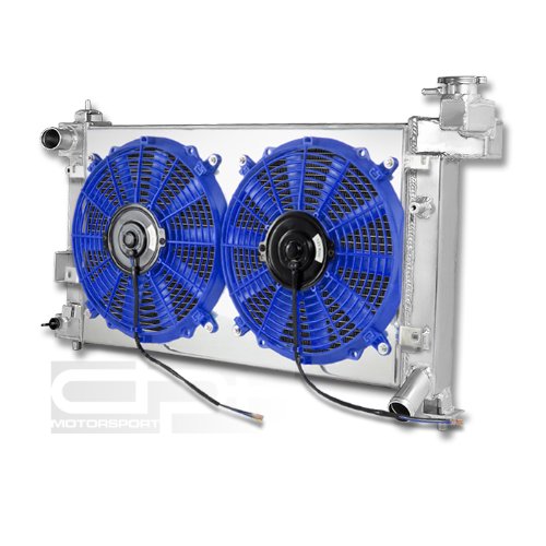 DPT, RA-TCO03-2+RAFS-BL, Full Aluminum Performance Two Dual Row Core Chrome Radiator with Slim Blue Fan Shroud Overall Size 31.25x18x5.25 for Manual Transmission Only Radiators DPT RA-TCO03-2+RAFS-BL