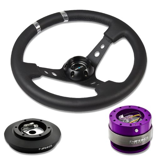 NRG-SRK-121H+016BK-S+200PP, NRG Innovations 13.78 350mm 3 Deep Dish Style Black Leather Silver Center Marking Racing Steering Wheel Combo with 6 Hole Short Hub Adapter with Gen 2.0 Purple Quick Release Kit SRK-121H Steering Accessories NRG Innovations NRG-SRK-121H+016BK-S+200PP