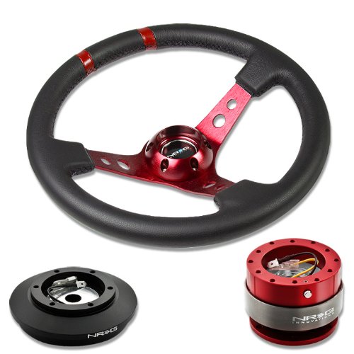 NRG-SRK-121H+016R-RD+200RD, NRG Innovations 13.78 350mm 3 Deep Dish Style Black Leather Red Center Marking Red Spokes Racing Steering Wheel Combo with 6 Hole Short Hub Adapter with Gen 2.0 Red Quick Release Kit SRK-121H Steering Accessories NRG Innovations NRG-SRK-121H+016R-RD+200RD