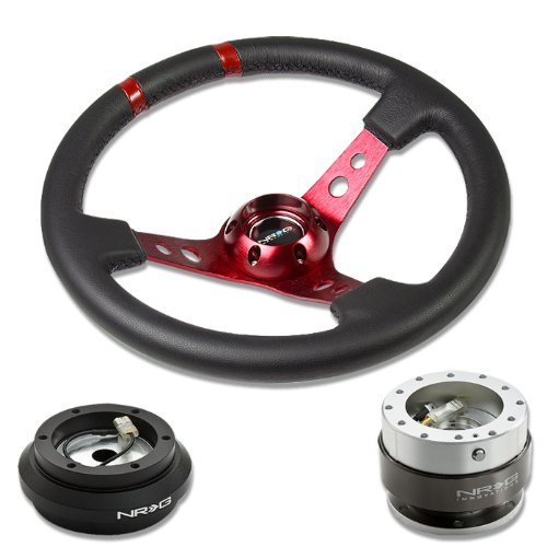 NRG-SRK-190H+016R-RD+200SL, NRG Innovations 13.78 350mm 3 Deep Dish Style Black Leather Red Center Marking Red Spokes Racing Steering Wheel Combo with 6 Hole Short Hub Adapter with Gen 2.0 Silver Gold Quick Release Kit SRK-190H Steering Accessories NRG Innovations NRG-SRK-190H+016R-RD+200SL