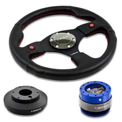 NRG Innovations 12.5 320mm Black Leather Red Stitch Dual Horn Button Racing Steering Wheel Combo with 6 Hole Short Hub Adapter with Gen 2.0 Blue Quick Release Kit SRK-175H Categories NRG-SRK-175H+007R+200BL