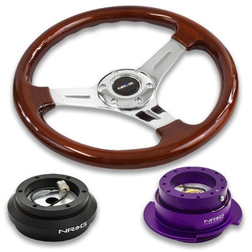 NRG Innovations 13 330mm Deep Dish Style Wood Grain Silver Spokes Racing Steering Wheel Combo with 6 Hole Short Hub Adapter with Gen 2.5 Purple Quick Release Kit SRK-190H Categories NRG-SRK-190H+0151CH+250PP