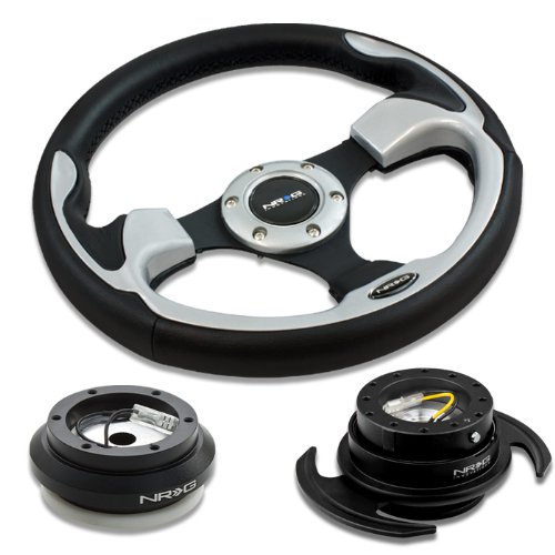 NRG Innovations 12.5 320mm Black Leather Silver Trim Racing Steering Wheel Combo with 6 Hole Short Hub Adapter with Gen 3.0 with Handle Black Quick Release Kit SRK-130H Steering Accessories NRG Innovations NRG-SRK-130H+001SL+650BK