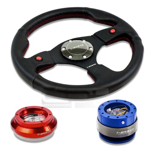 NRG Innovations 12.5 320mm Black Leather Red Stitch Dual Horn Button Racing Steering Wheel Combo with 6 Hole Short Hub Adapter with Gen 2.0 Blue Quick Release Kit SRK-110H Steering Accessories NRG Innovations NRG-SRK-110H-RD+007R+200BL
