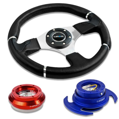 NRG Innovations 13.78 350mm Black Leather Racing Steering Wheel Combo with 6 Hole Short Hub Adapter with Gen 3.0 with Handle Blue Quick Release Kit SRK-110H Steering Accessories NRG Innovations NRG-SRK-110H-RD+008R+650BL