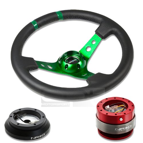 NRG-SRK-100H+016R-GN+200RD, NRG Innovations 13.78 350mm 3 Deep Dish Style Black Leather Green Center Marking Green Spokes Racing Steering Wheel Combo with 6 Hole Short Hub Adapter with Gen 2.0 Red Quick Release Kit SRK-100H Steering Accessories NRG Innovations NRG-SRK-100H+016R-GN+200RD