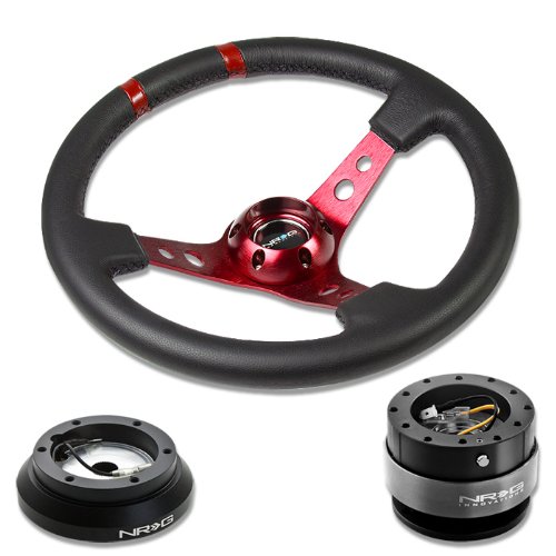 NRG-SRK-100H+016R-RD+200BK, NRG Innovations 13.78 350mm 3 Deep Dish Style Black Leather Red Center Marking Red Spokes Racing Steering Wheel Combo with 6 Hole Short Hub Adapter with Gen 2.0 Black Quick Release Kit SRK-100H Steering Accessories NRG Innovations NRG-SRK-100H+016R-RD+200BK