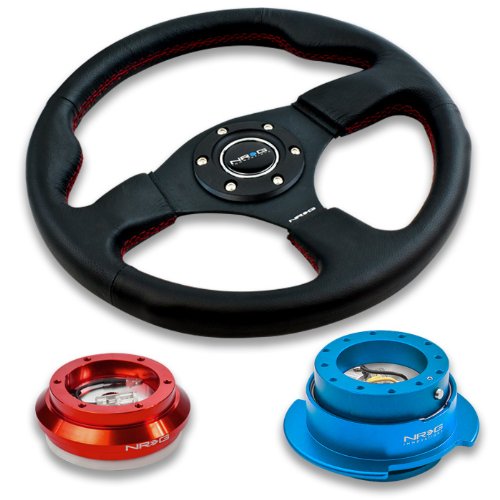 NRG Innovations 12.5 320mm Black Leather Red Stitch Button Racing Steering Wheel Combo with 6 Hole Short Hub Adapter with Gen 2.5 New Blue Quick Release Kit SRK-110H Steering Accessories NRG Innovations NRG-SRK-110H-RD+012R+250NB