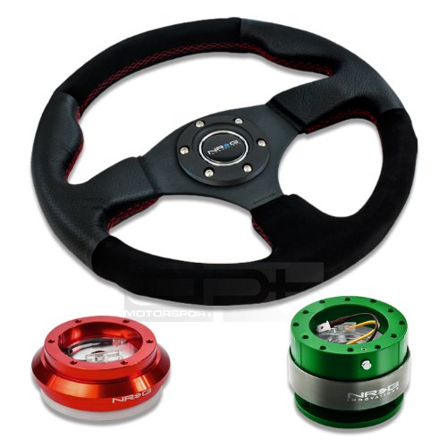 NRG Innovations 12.5 320mm Black Leather Red Stitch Suede Grip Racing Steering Wheel Combo with 6 Hole Short Hub Adapter with Gen 2.0 Green Quick Release Kit SRK-110H Steering Accessories NRG Innovations NRG-SRK-110H-RD+012R-S+200GN