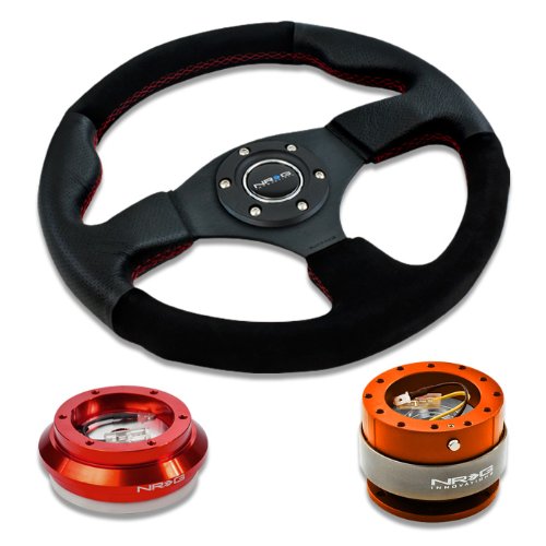 NRG Innovations 12.5 320mm Black Leather Red Stitch Suede Grip Racing Steering Wheel Combo with 6 Hole Short Hub Adapter with Gen 2.0 Orange Quick Release Kit SRK-110H Steering Accessories NRG Innovations NRG-SRK-110H-RD+012R-S+200OR