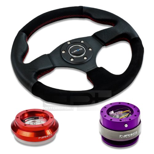 NRG Innovations 12.5 320mm Black Leather Red Stitch Suede Grip Racing Steering Wheel Combo with 6 Hole Short Hub Adapter with Gen 2.0 Purple Quick Release Kit SRK-110H Steering Accessories NRG Innovations NRG-SRK-110H-RD+012R-S+200PP