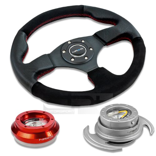 NRG Innovations 12.5 320mm Black Leather Red Stitch Suede Grip Racing Steering Wheel Combo with 6 Hole Short Hub Adapter with Gen 3.0 with Handle Silver Quick Release Kit SRK-110H Steering Accessories NRG Innovations NRG-SRK-110H-RD+012R-S+650SL