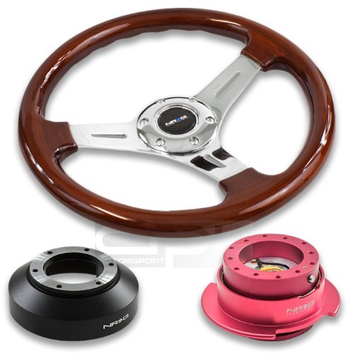 NRG-SRK-141H+0151CH+250PK, NRG Innovations 13 330mm Deep Dish Style Wood Grain Silver Spokes Racing Steering Wheel Combo with 6 Hole Short Hub Adapter with Gen 2.5 Pink Quick Release Kit SRK-141H Steering Accessories NRG Innovations NRG-SRK-141H+0151CH+250PK