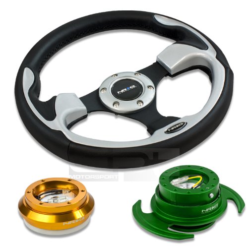 NRG Innovations 12.5 320mm Black Leather Silver Trim Racing Steering Wheel Combo with 6 Hole Short Hub Adapter with Gen 3.0 with Handle Green Quick Release Kit SRK-110H Steering Accessories NRG Innovations NRG-SRK-110H-RG+001SL+650GR
