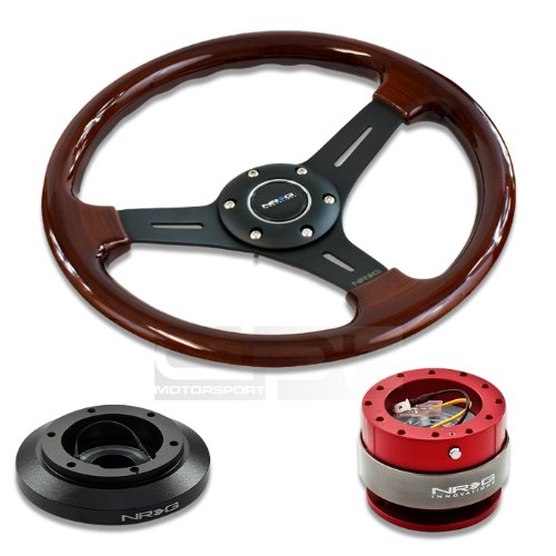 NRG Innovations 13 330mm Deep Dish Style Wood Grain Black Spokes Racing Steering Wheel Combo with 6 Hole Short Hub Adapter with Gen 2.0 Red Quick Release Kit SRK-180H Steering Accessories NRG Innovations NRG-SRK-180H+0151BK+200RD