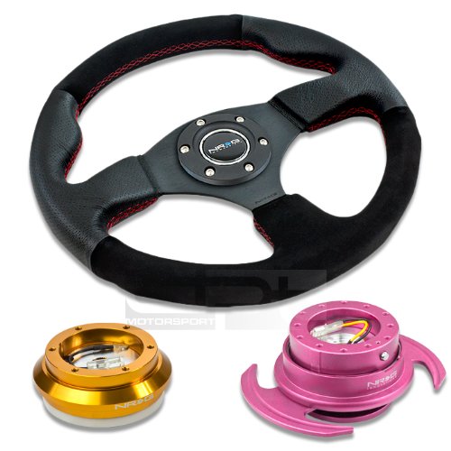 NRG-SRK-110H-RG+012R-S+650PK, NRG Innovations 12.5 320mm Black Leather Red Stitch Suede Grip Racing Steering Wheel Combo with 6 Hole Short Hub Adapter with Gen 3.0 with Handle Pink Quick Release Kit SRK-110H Steering Accessories NRG Innovations NRG-SRK-110H-RG+012R-S+650PK
