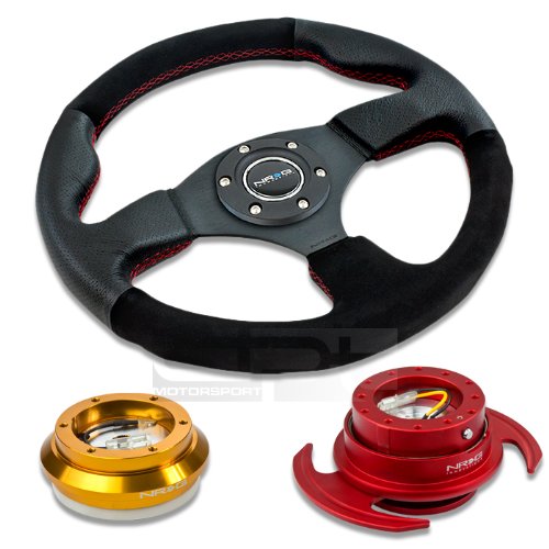 NRG Innovations 12.5 320mm Black Leather Red Stitch Suede Grip Racing Steering Wheel Combo with 6 Hole Short Hub Adapter with Gen 3.0 with Handle Red Quick Release Kit SRK-110H Steering Accessories NRG Innovations NRG-SRK-110H-RG+012R-S+650RD
