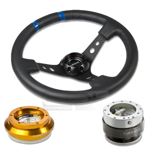 NRG-SRK-110H-RG+016R-BK+200SL, NRG Innovations 13.78 350mm 3 Deep Dish Style Black Leather Blue Center Marking Racing Steering Wheel Combo with 6 Hole Short Hub Adapter with Gen 2.0 Silver Gold Quick Release Kit SRK-110H Steering Accessories NRG Innovations NRG-SRK-110H-RG+016R-BK+200SL