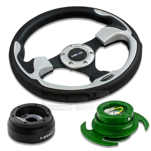 NRG Innovations 12.5 320mm Black Leather Silver Trim Racing Steering Wheel Combo with 6 Hole Short Hub Adapter with Gen 3.0 with Handle Green Quick Release Kit SRK-181H Steering Accessories NRG Innovations NRG-SRK-181H+001SL+650GR