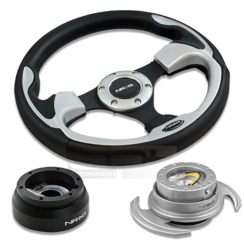 NRG Innovations 12.5 320mm Black Leather Silver Trim Racing Steering Wheel Combo with 6 Hole Short Hub Adapter with Gen 3.0 with Handle Silver Quick Release Kit SRK-181H Steering Accessories NRG Innovations NRG-SRK-181H+001SL+650SL