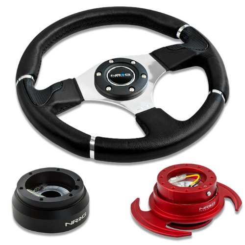 NRG Innovations 13.78 350mm Black Leather Racing Steering Wheel Combo with 6 Hole Short Hub Adapter with Gen 3.0 with Handle Red Quick Release Kit SRK-181H Steering Accessories NRG Innovations NRG-SRK-181H+008R+650RD