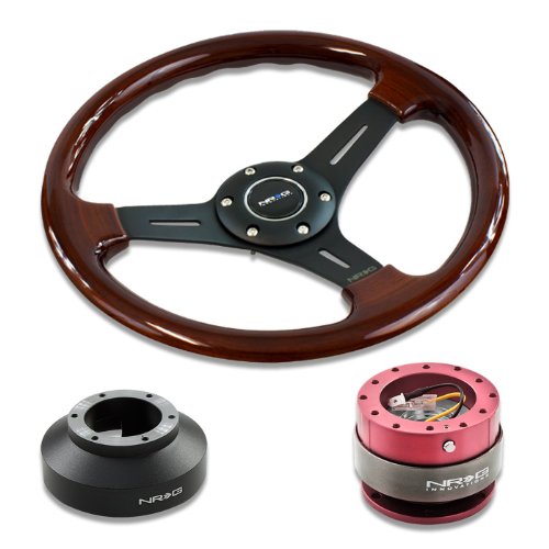 NRG-SRK-105H+0151BK+200PK, NRG Innovations 13 330mm Deep Dish Style Wood Grain Black Spokes Racing Steering Wheel Combo with 6 Hole Short Hub Adapter with Gen 2.0 Orange Quick Release Kit SRK-105H Steering Accessories NRG Innovations NRG-SRK-105H+0151BK+200PK