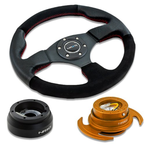 NRG Innovations 12.5 320mm Black Leather Red Stitch Suede Grip Racing Steering Wheel Combo with 6 Hole Short Hub Adapter with Gen 3.0 with Handle Rose Gold Quick Release Kit SRK-181H Steering Accessories NRG Innovations NRG-SRK-181H+012R-S+650RG