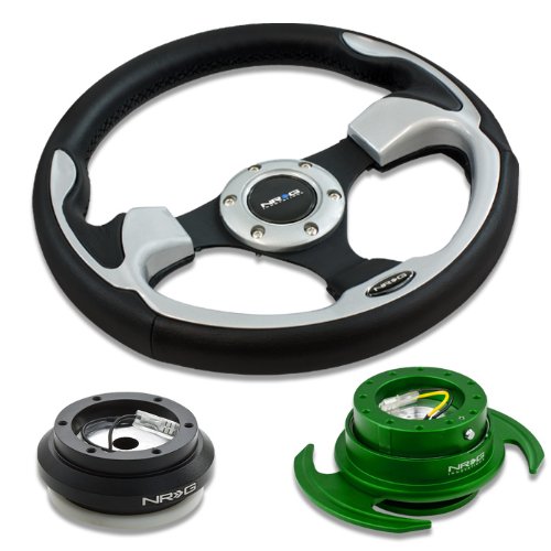 NRG Innovations 12.5 320mm Black Leather Silver Trim Racing Steering Wheel Combo with 6 Hole Short Hub Adapter with Gen 3.0 with Handle Green Quick Release Kit SRK-110H Steering Accessories NRG Innovations NRG-SRK-110H+001SL+650GR