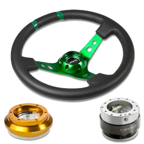 NRG-SRK-130H-RG+016R-GN+200SL, NRG Innovations 13.78 350mm 3 Deep Dish Style Black Leather Green Center Marking Green Spokes Racing Steering Wheel Combo with 6 Hole Short Hub Adapter with Gen 2.0 Silver Gold Quick Release Kit SRK-130H Steering Accessories NRG Innovations NRG-SRK-130H-RG+016R-GN+200SL