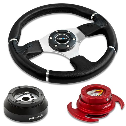 NRG Innovations 13.78 350mm Black Leather Racing Steering Wheel Combo with 6 Hole Short Hub Adapter with Gen 3.0 with Handle Red Quick Release Kit SRK-170H Steering Accessories NRG Innovations NRG-SRK-170H+008R+650RD