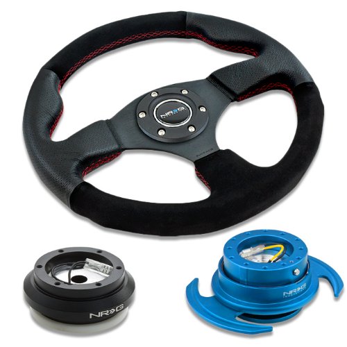NRG Innovations 12.5 320mm Black Leather Red Stitch Suede Grip Racing Steering Wheel Combo with 6 Hole Short Hub Adapter with Gen 3.0 with Handle New Blue Quick Release Kit SRK-110H Steering Accessories NRG Innovations NRG-SRK-110H+012R-S+650NB