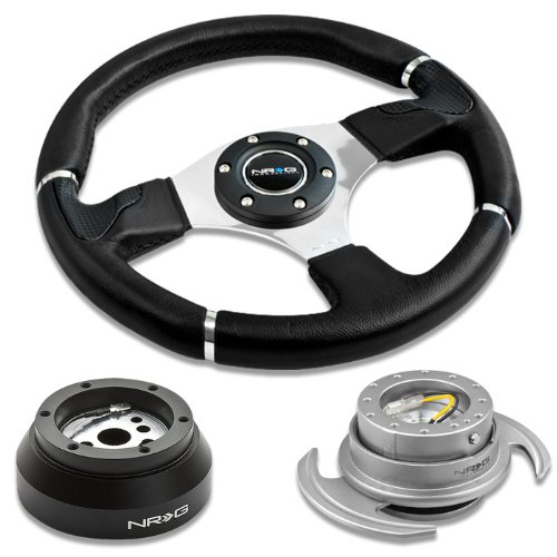 NRG Innovations 13.78 350mm Black Leather Racing Steering Wheel Combo with 6 Hole Short Hub Adapter with Gen 3.0 with Handle Silver Quick Release Kit SRK-170H Steering Accessories NRG Innovations NRG-SRK-170H+008R+650SL