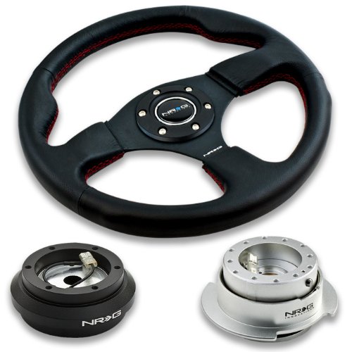 NRG Innovations 12.5 320mm Black Leather Red Stitch Button Racing Steering Wheel Combo with 6 Hole Short Hub Adapter with Gen 2.5 Silver Quick Release Kit SRK-190H Categories  NRG-SRK-190H+012R+250SL