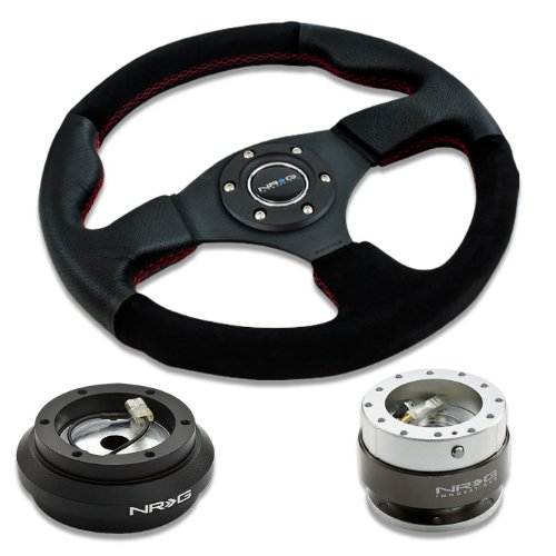 NRG Innovations 12.5 320mm Black Leather Red Stitch Suede Grip Racing Steering Wheel Combo with 6 Hole Short Hub Adapter with Gen 2.0 Silver Gold Quick Release Kit SRK-190H Categories NRG-SRK-190H+012R-S+200SL