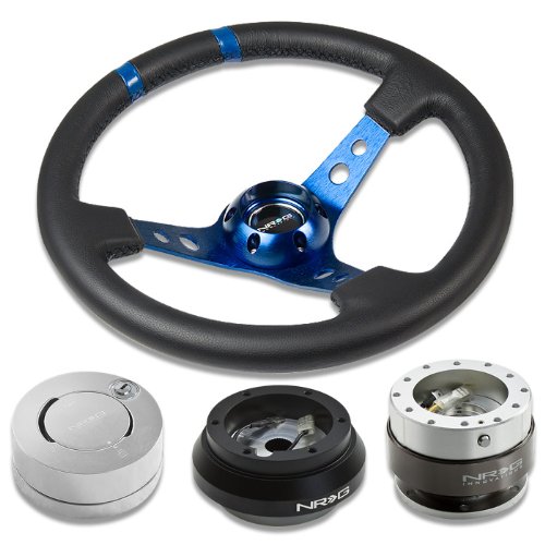 NRG Innovations 13.78 350mm 3 Deep Dish Style Black Leather Blue Center Marking Blue Spokes Racing Steering Wheel Combo with 6 Hole Short Hub Adapter with Gen 2.0 Silver Quick Release with Silver Lock Hub Kit SRK-120H Categories NRG-SRK-120H+200SL+101LS+016RBL