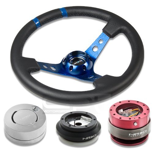 NRG-SRK-110H+200PK+101LS+016RBL, NRG Innovations 13.78 350mm 3 Deep Dish Style Black Leather Blue Center Marking Blue Spokes Racing Steering Wheel Combo with 6 Hole Short Hub Adapter with Gen 2.0 Pink Quick Release with Silver Lock Hub Kit SRK-110H Steering Accessories NRG Innovations NRG-SRK-110H+200PK+101LS+016RBL