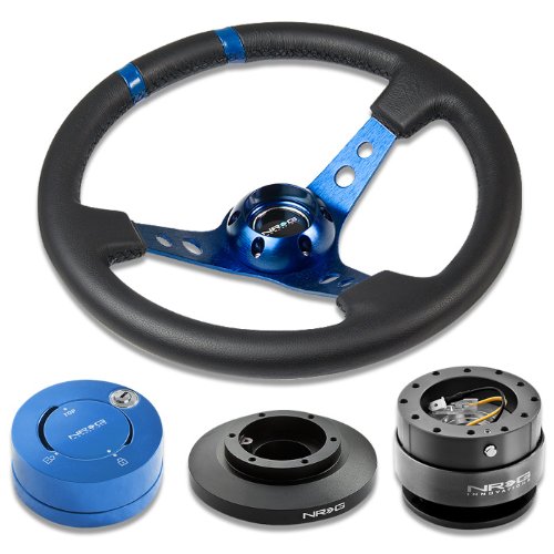 NRG Innovations 13.78 350mm 3 Deep Dish Style Black Leather Blue Center Marking Blue Spokes Racing Steering Wheel Combo with 6 Hole Short Hub Adapter with Gen 2.0 Gun Metal Quick Release with Blue Lock Hub Kit SRK-E36H Steering Accessories NRG Innovations NRG-SRK-E36H+200GM+101BL+016RBL