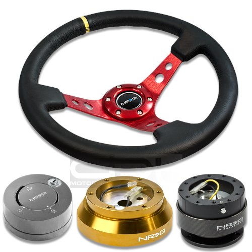 NRGSRK140HRG+200CF+101GM+006RDY, NRG Innovations 13.78 350mm 3 Deep Dish Style Black Leather Yellow Center Marking Red Spokes Racing Steering Wheel Combo with 6 Hole Short Hub Adapter with Gen 2.0 Carbon Quick Release with Gun Metal Lock Hub Kit SRK-140H Steering Accessories NRG Innovations NRGSRK140HRG+200CF+101GM+006RDY
