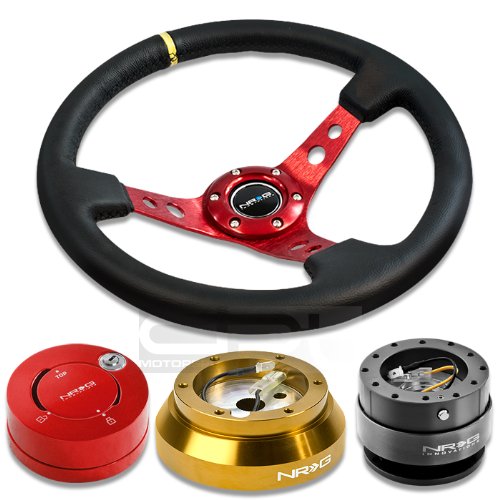 NRGSRK140HRG+200GM+101RD+006RDY, NRG Innovations 13.78 350mm 3 Deep Dish Style Black Leather Yellow Center Marking Red Spokes Racing Steering Wheel Combo with 6 Hole Short Hub Adapter with Gen 2.0 Gun Metal Quick Release with Red Lock Hub Kit SRK-140H Steering Accessories NRG Innovations NRGSRK140HRG+200GM+101RD+006RDY