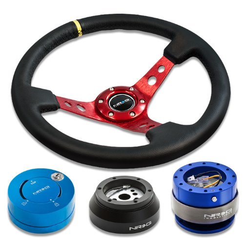 NRG Innovations 13.78 350mm 3 Deep Dish Style Black Leather Yellow Center Marking Red Spokes Racing Steering Wheel Combo with 6 Hole Short Hub Adapter with Gen 2.0 New Blue Quick Release with New Blue Lock Hub Kit SRK-170H Steering Accessories NRG Innovations NRG-SRK-170H+200BL+101NB+006RDY