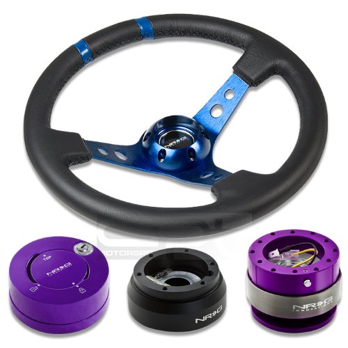 NRG Innovations 13.78 350mm 3 Deep Dish Style Black Leather Blue Center Marking Blue Spokes Racing Steering Wheel Combo with 6 Hole Short Hub Adapter with Gen 2.0 Purple Quick Release with Purple Lock Hub Kit SRK-181H Steering Accessories NRG Innovations NRG-SRK-181H+200PP+101PP+016RBL