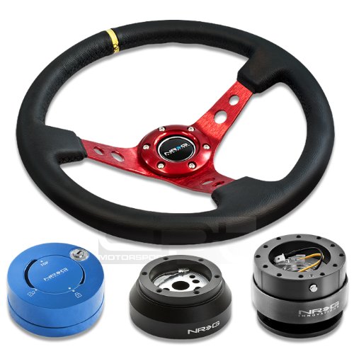 NRG-SRK-170H+200GM+101BL+006RDY, NRG Innovations 13.78 350mm 3 Deep Dish Style Black Leather Yellow Center Marking Red Spokes Racing Steering Wheel Combo with 6 Hole Short Hub Adapter with Gen 2.0 Gun Metal Quick Release with Blue Lock Hub Kit SRK-170H Steering Accessories NRG Innovations NRG-SRK-170H+200GM+101BL+006RDY