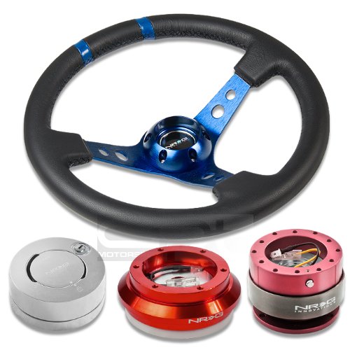 NRGSRK110HRD+200PK+101LS+016RBL, NRG Innovations 13.78 350mm 3 Deep Dish Style Black Leather Blue Center Marking Blue Spokes Racing Steering Wheel Combo with 6 Hole Short Hub Adapter with Gen 2.0 Pink Quick Release with Silver Lock Hub Kit SRK-110H Steering Accessories NRG Innovations NRGSRK110HRD+200PK+101LS+016RBL