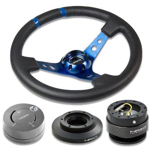 NRG Innovations 13.78 350mm 3 Deep Dish Style Black Leather Blue Center Marking Blue Spokes Racing Steering Wheel Combo with 6 Hole Short Hub Adapter with Gen 2.0 Carbon Quick Release with Gun Metal Lock Hub Kit SRK-E46H Steering Accessories NRG Innovations NRG-SRK-E46H+200CF+101GM+016RBL
