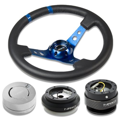 NRG Innovations 13.78 350mm 3 Deep Dish Style Black Leather Blue Center Marking Blue Spokes Racing Steering Wheel Combo with 6 Hole Short Hub Adapter with Gen 2.0 Carbon Quick Release with Silver Lock Hub Kit SRK-130H Steering Accessories NRG Innovations NRG-SRK-130H+200CF+101LS+016RBL