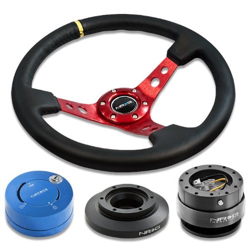 NRG Innovations 13.78 350mm 3 Deep Dish Style Black Leather Yellow Center Marking Red Spokes Racing Steering Wheel Combo with 6 Hole Short Hub Adapter with Gen 2.0 Gun Metal Quick Release with Blue Lock Hub Kit SRK-E46H Steering Accessories NRG Innovations NRG-SRK-E46H+200GM+101BL+006RDY