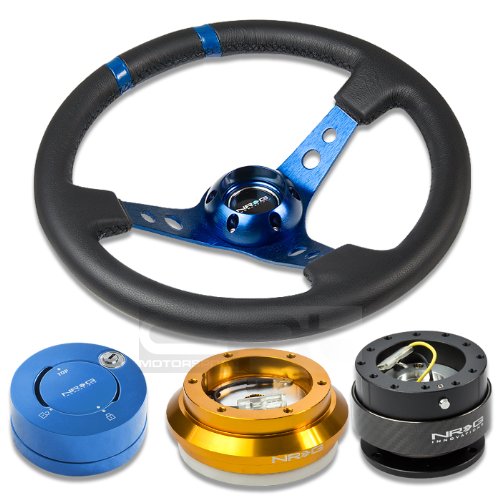 NRGSRK110HRG+200CF+101BL+016RBL, NRG Innovations 13.78 350mm 3 Deep Dish Style Black Leather Blue Center Marking Blue Spokes Racing Steering Wheel Combo with 6 Hole Short Hub Adapter with Gen 2.0 Carbon Quick Release with Blue Lock Hub Kit SRK-110H Steering Accessories NRG Innovations NRGSRK110HRG+200CF+101BL+016RBL