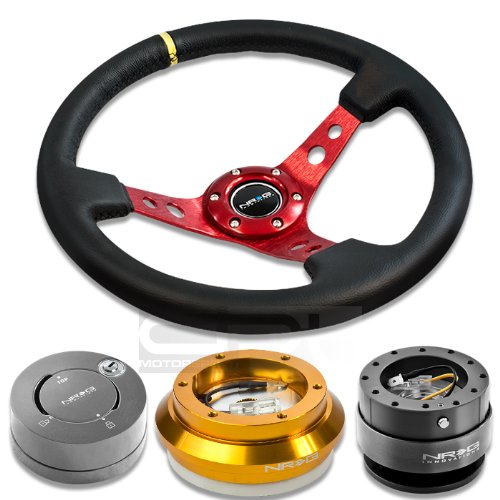 NRGSRK110HRG+200GM+101GM+006RDY, NRG Innovations 13.78 350mm 3 Deep Dish Style Black Leather Yellow Center Marking Red Spokes Racing Steering Wheel Combo with 6 Hole Short Hub Adapter with Gen 2.0 Gun Metal Quick Release with Gun Metal Lock Hub Kit SRK-110H Steering Accessories NRG Innovations NRGSRK110HRG+200GM+101GM+006RDY