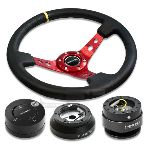 NRG Innovations 13.78 350mm 3 Deep Dish Style Black Leather Yellow Center Marking Red Spokes Racing Steering Wheel Combo with 6 Hole Short Hub Adapter with Gen 2.0 Carbon Quick Release with Matte Black Lock Hub Kit SRK-140H Steering Accessories NRG Innovations NRG-SRK-140H+200CF+101MB+006RDY